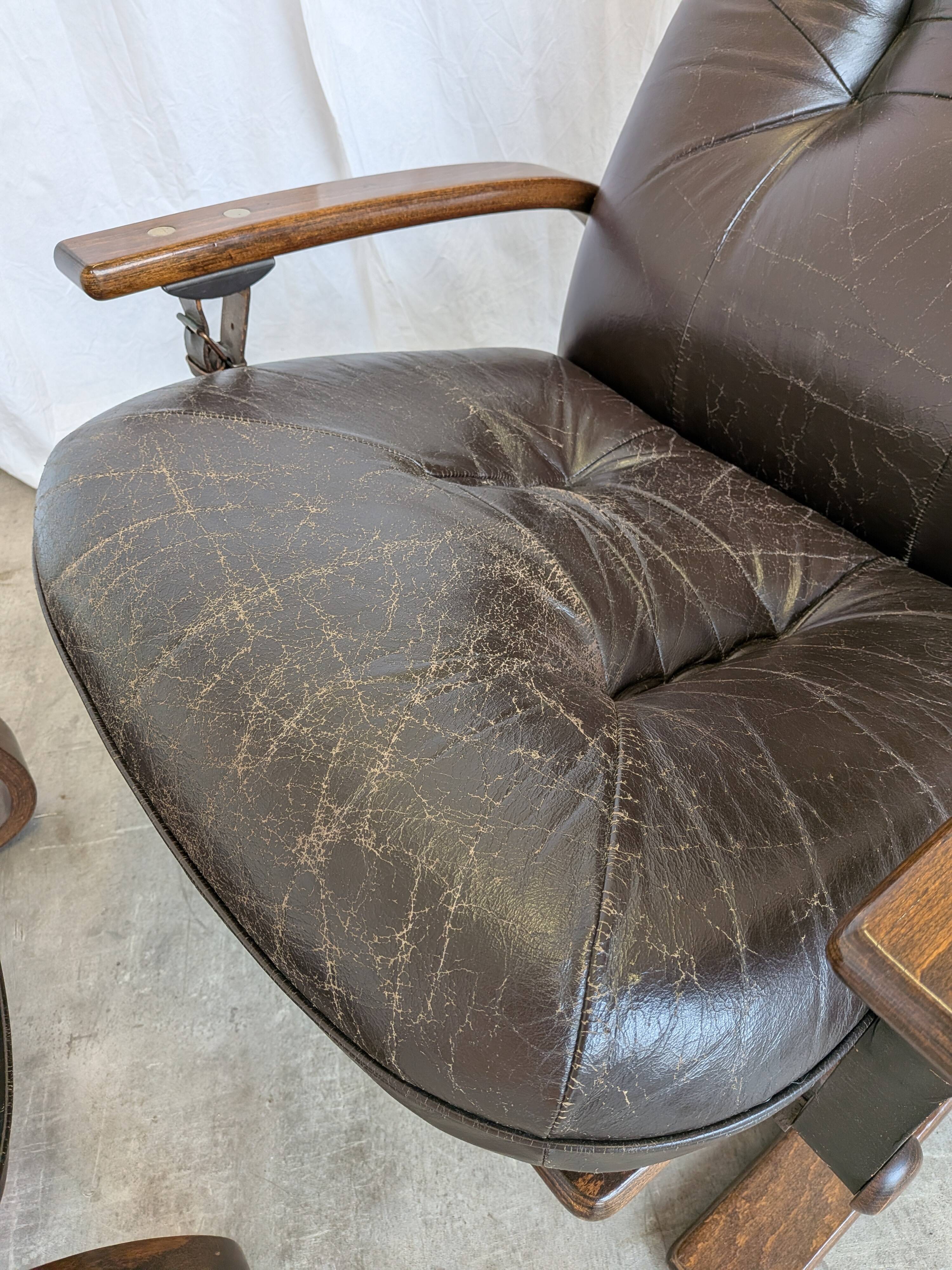 Vintage Panther Lounge Chair with Ottoman / Brown Leather Recliner Armchair