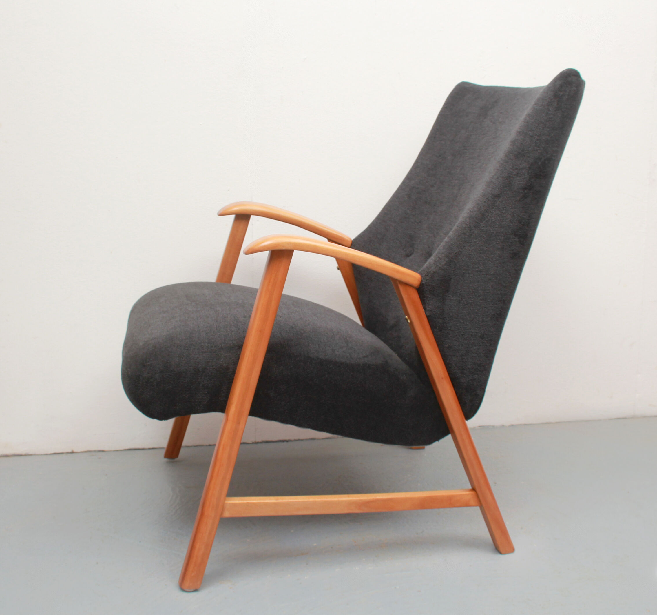 1950s armchair in anthracite velour, completly restored