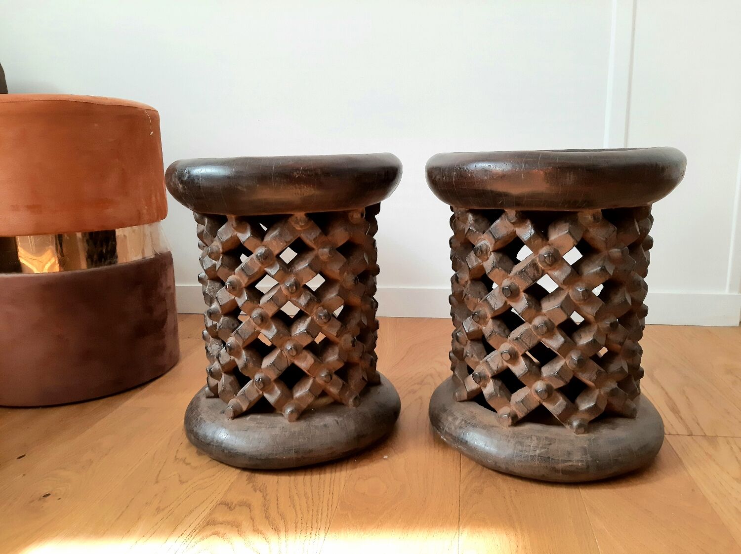 Set of 2 African Bamilike Cameroon stools, year 1950
