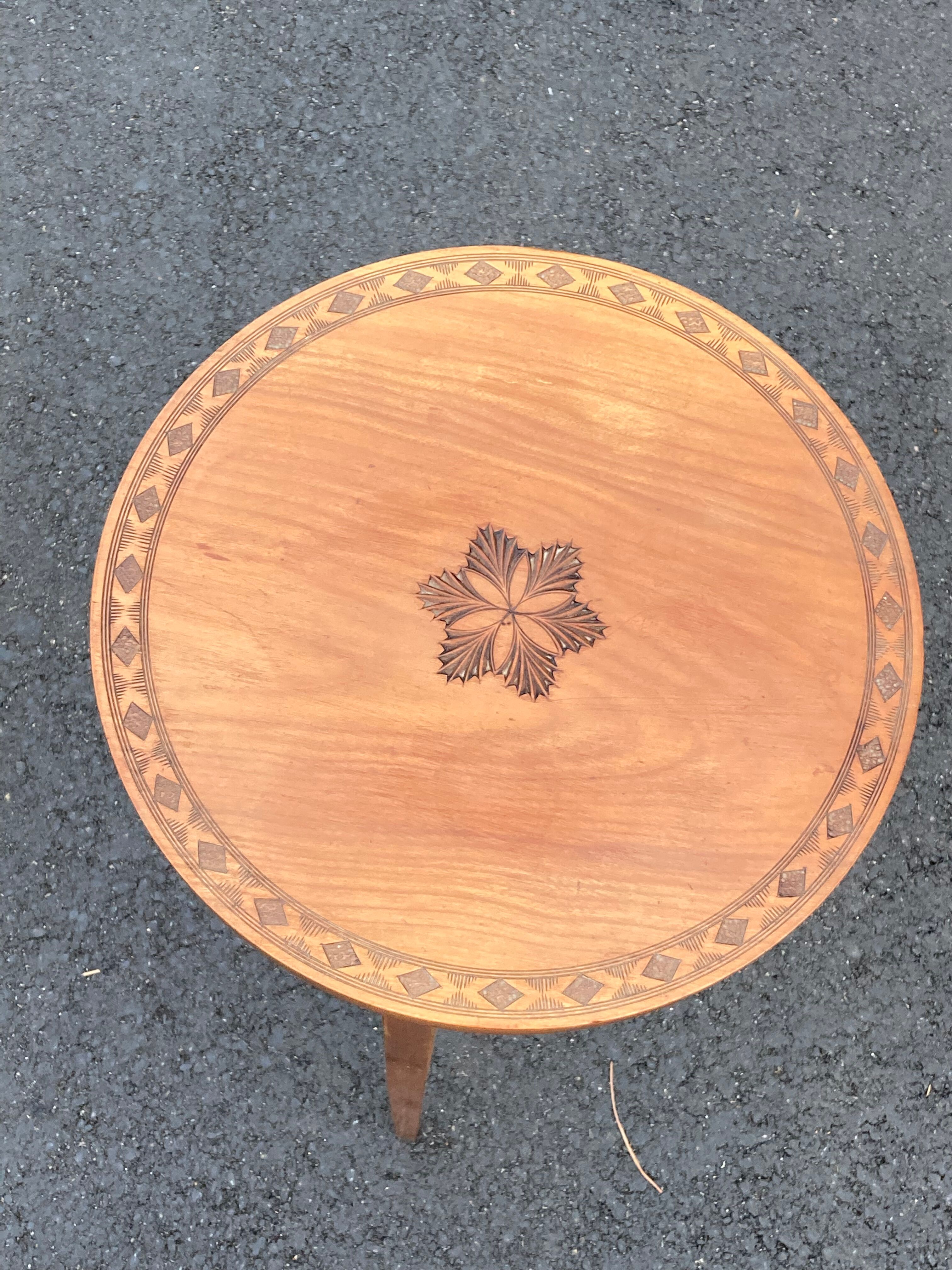 Art Deco Wooden Pedestal Table Carved with Star / Antique Side Table 1930