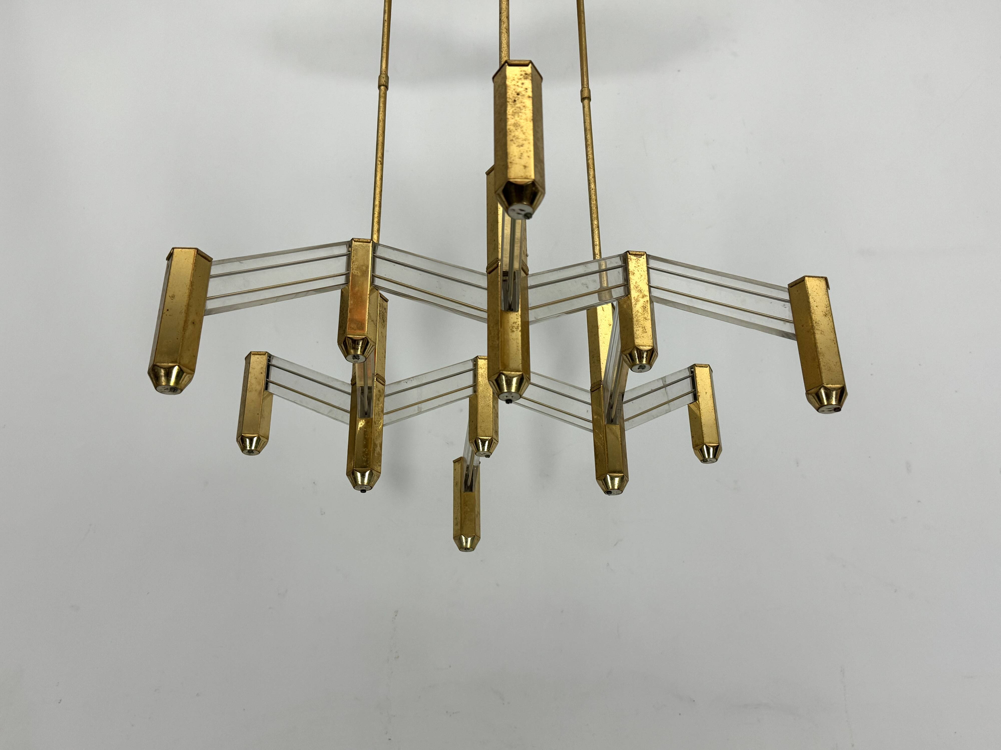 Vintage Italian brass and perspex chandelier by Zeroquattro from 70s