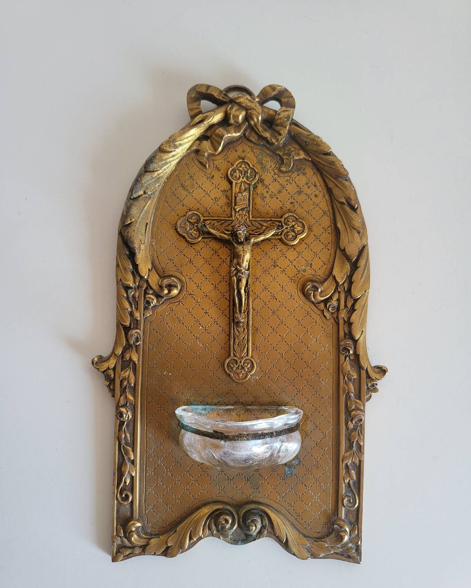 Antique Wall-mounted Bronze Font in Louis XVI Style Crucifix Cross