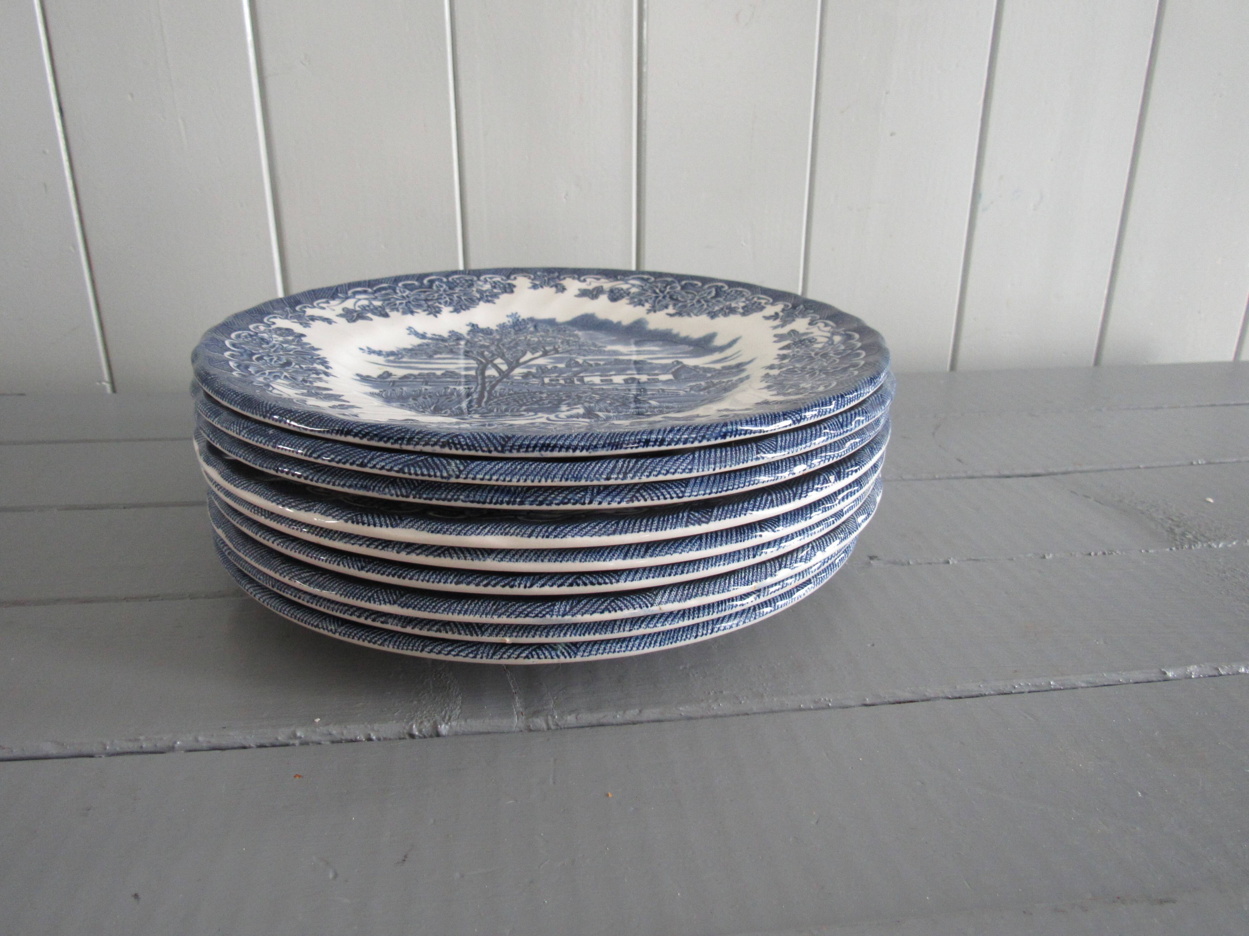 Set of 9 myott meakin england blue dessert plates