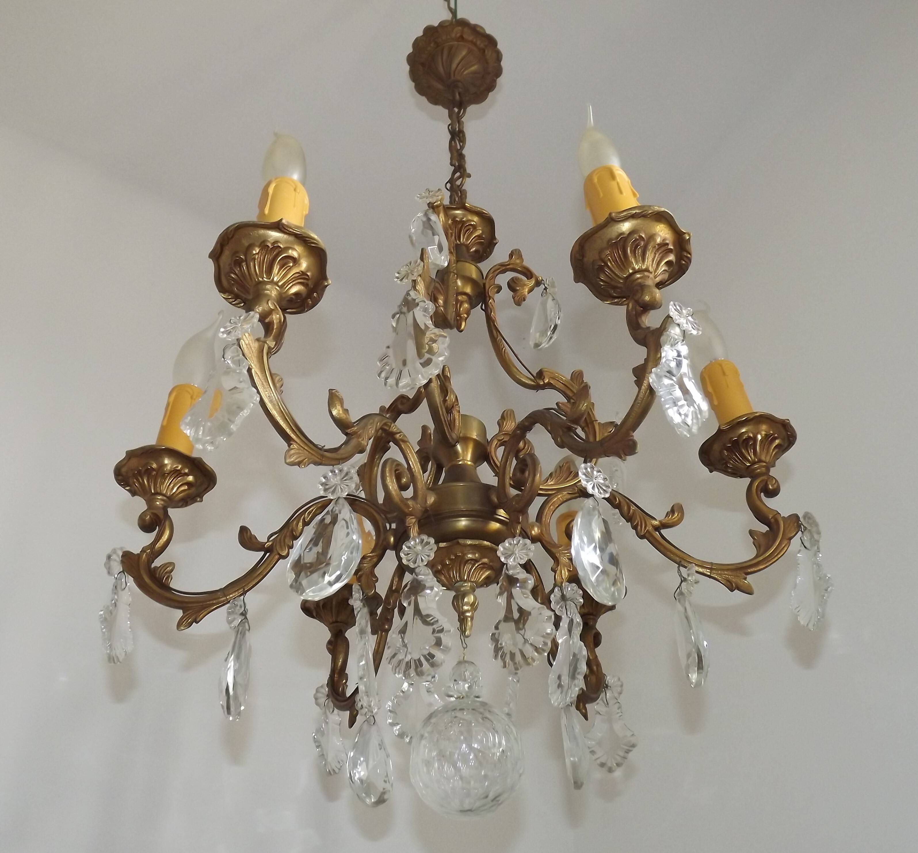Large French Art Nouveau Acanthus 6 Light Bronze & Crystal Cage Chandelier