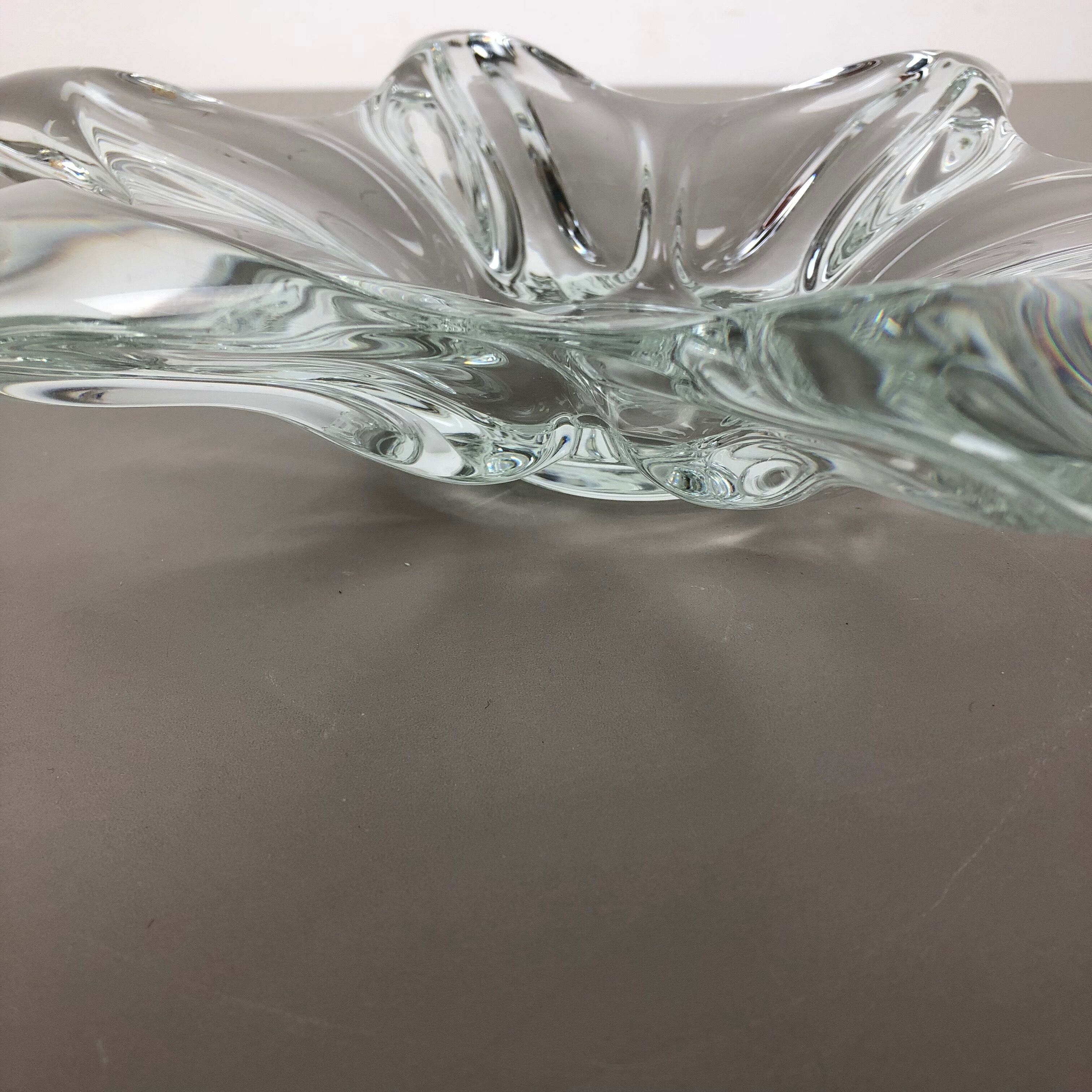 Large French Floral Crystal Glass Shell Bowl by Art Vannes, France, 1970s