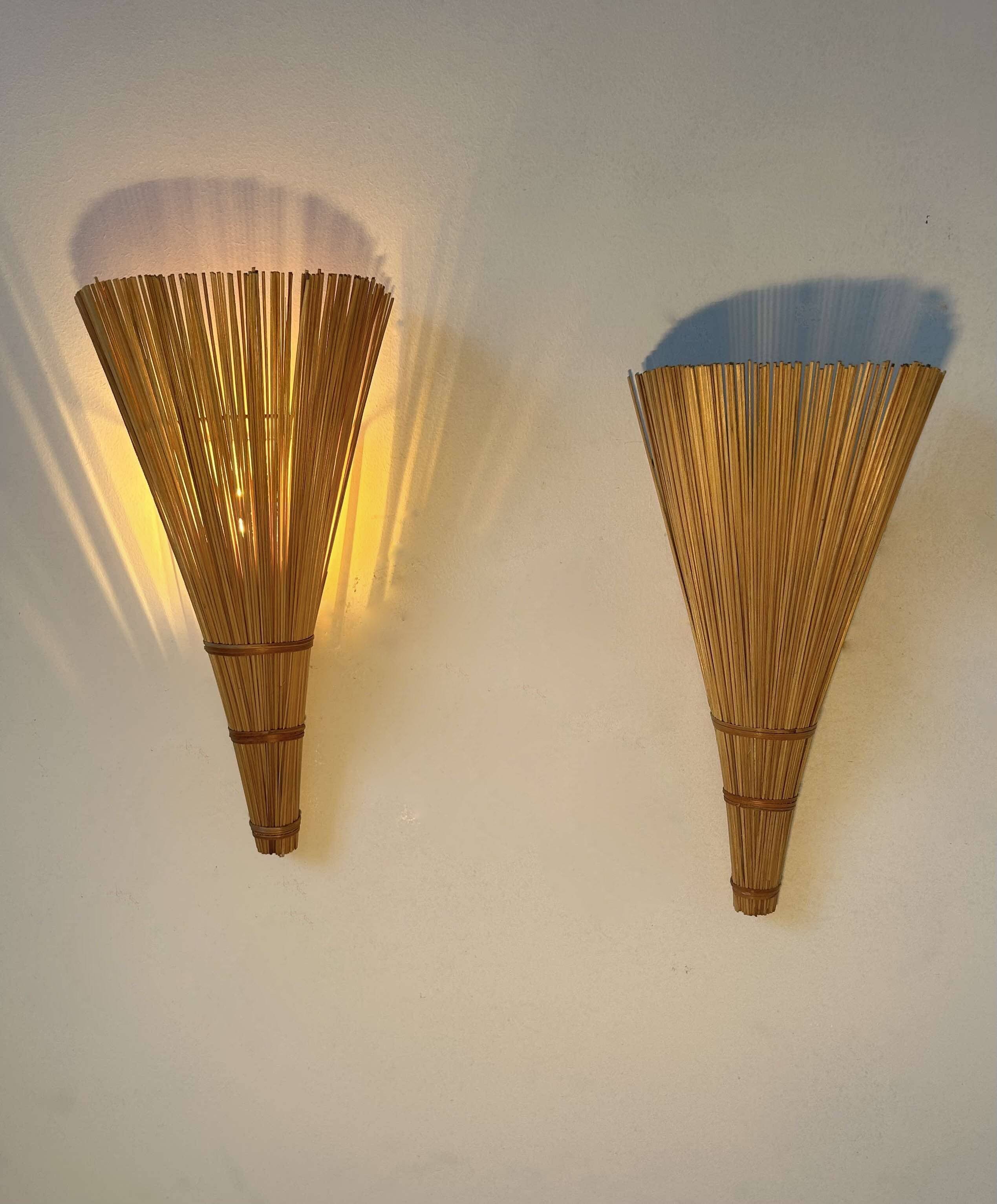 Pair of wicker wall lights, France 1980