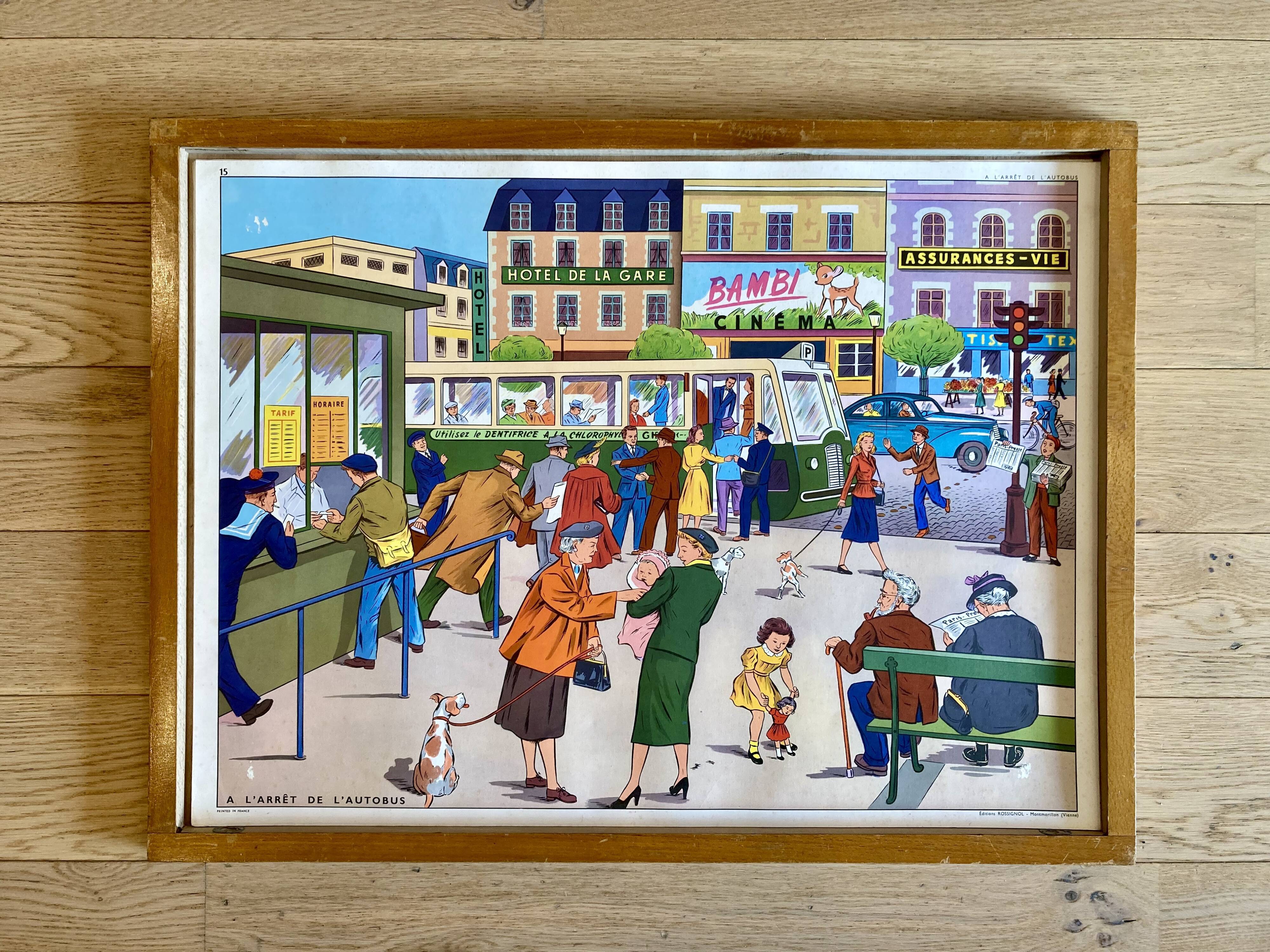 Educational poster elocution Rossignol vintage 60s - at the bus stop and the garden