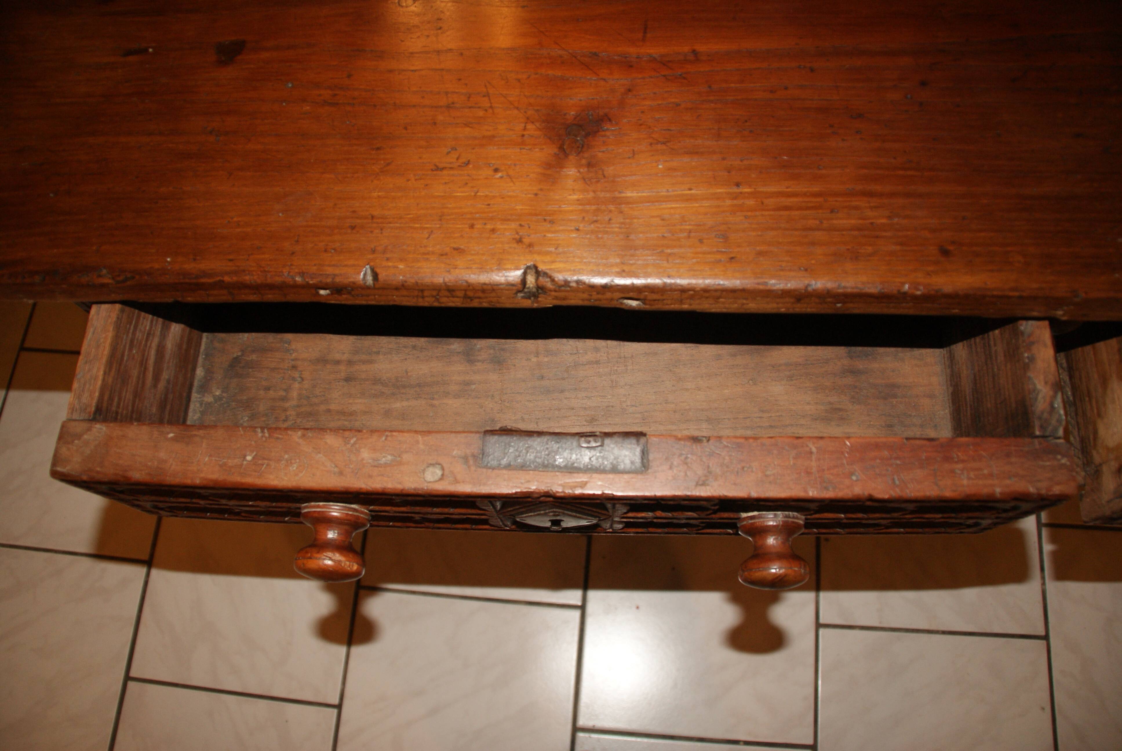 SAVOYARD CHALET TABLE, carved, with two drawers, late 18th century