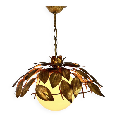 Suspension florentine vintage dorée avec ampoule en verre opalin, 1960s
