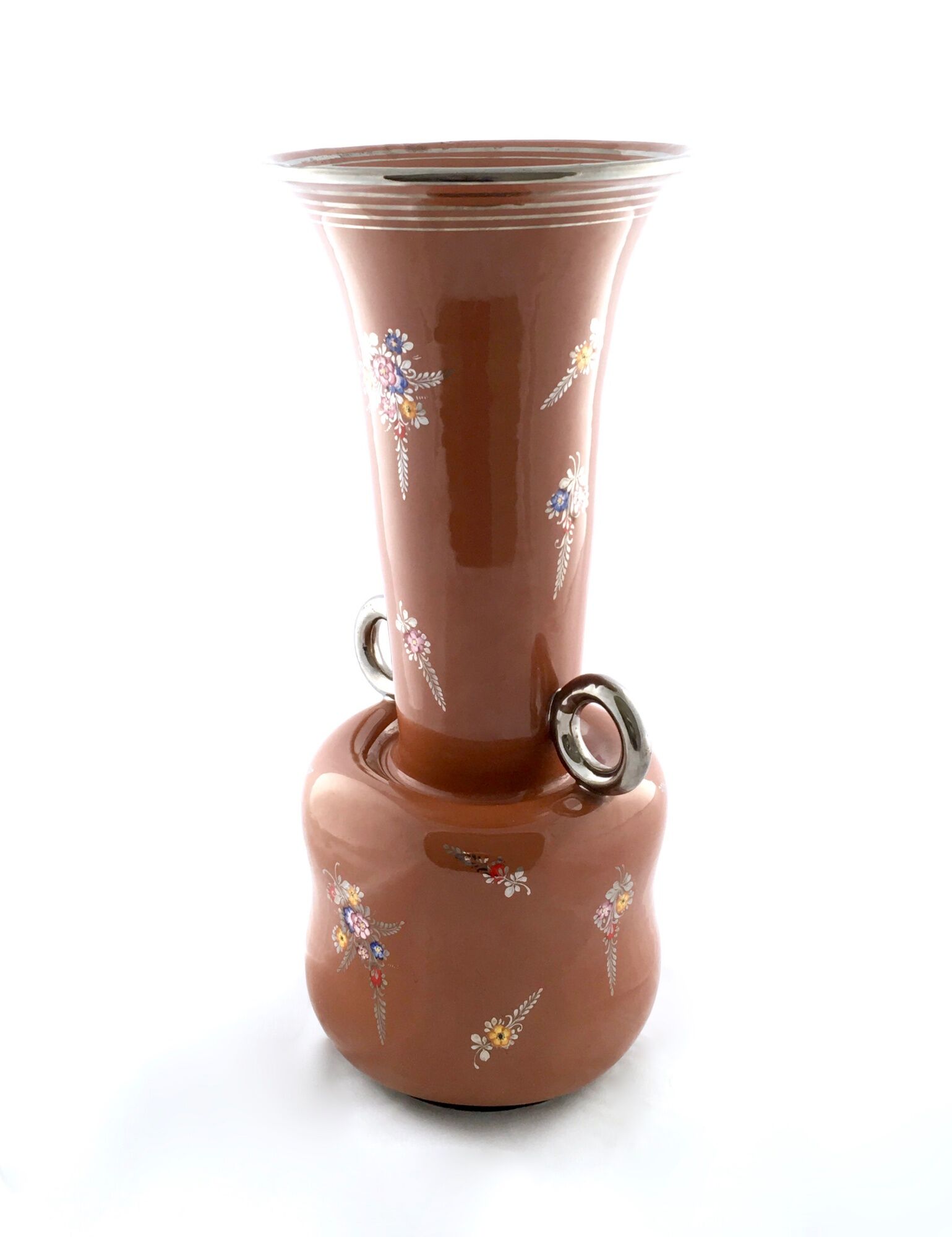 Vintage Brown Lacquered and Hand Painted Terracotta Deruta Vase, Italy
