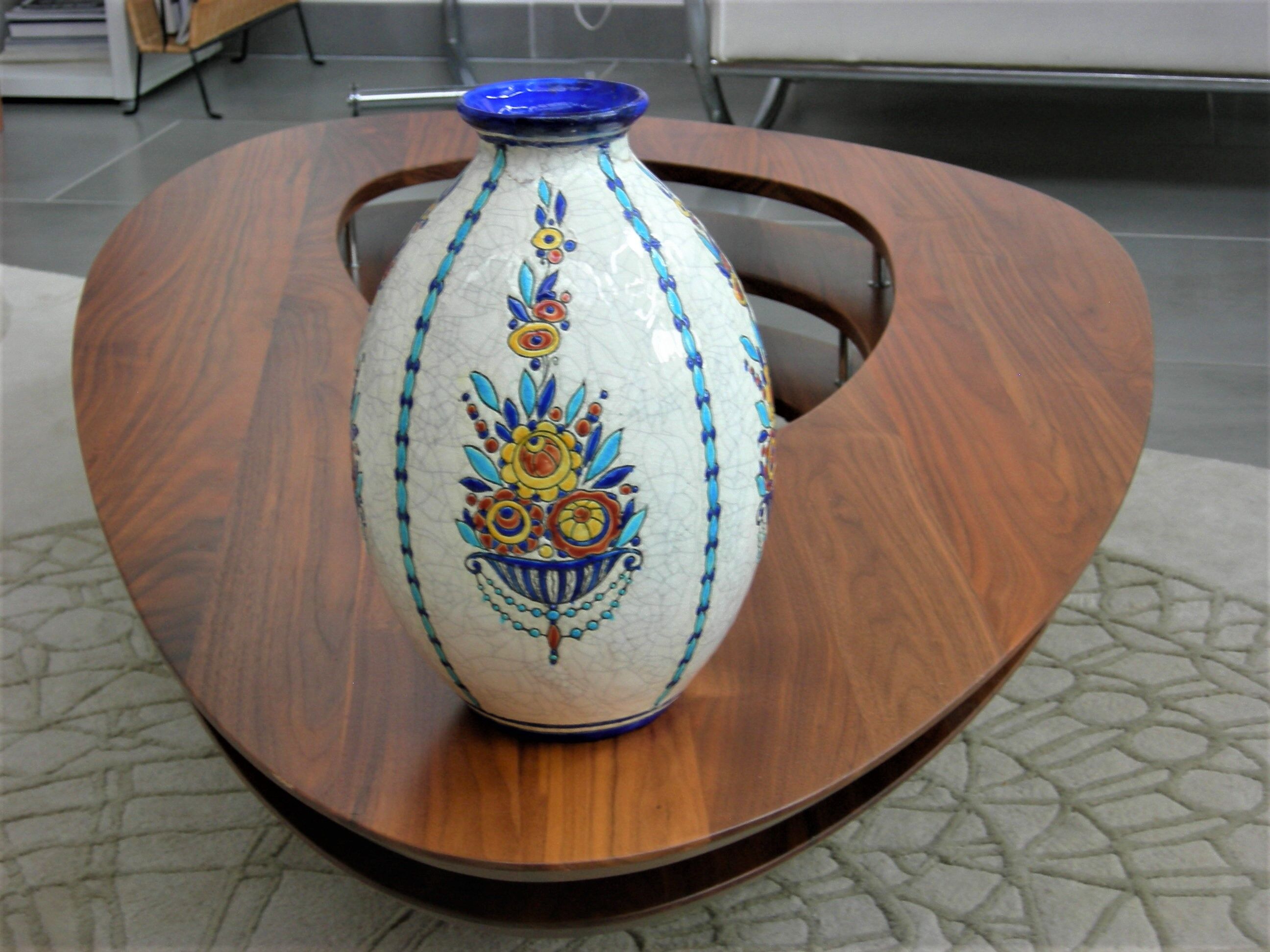 Boch La Louvière vase with a floral decoration in cracked faience