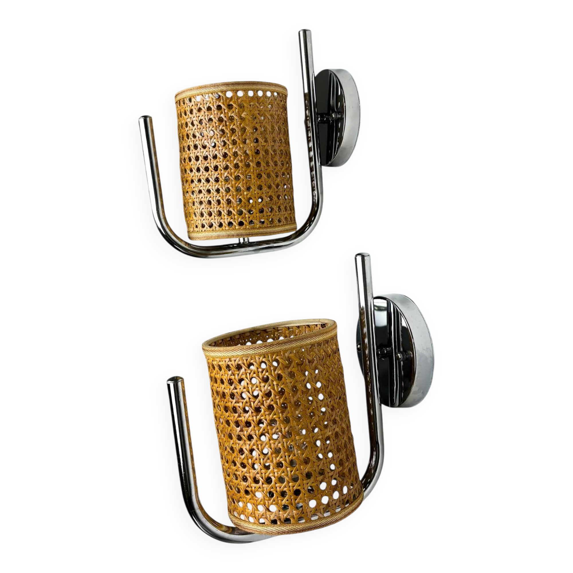 Pair of vintage rattan & chrome wall lights, Italy, 1970s