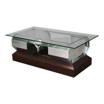 1970s Italian Chrome, Smoked Glass and Wood Coffee Table, Willy Rizzo Style