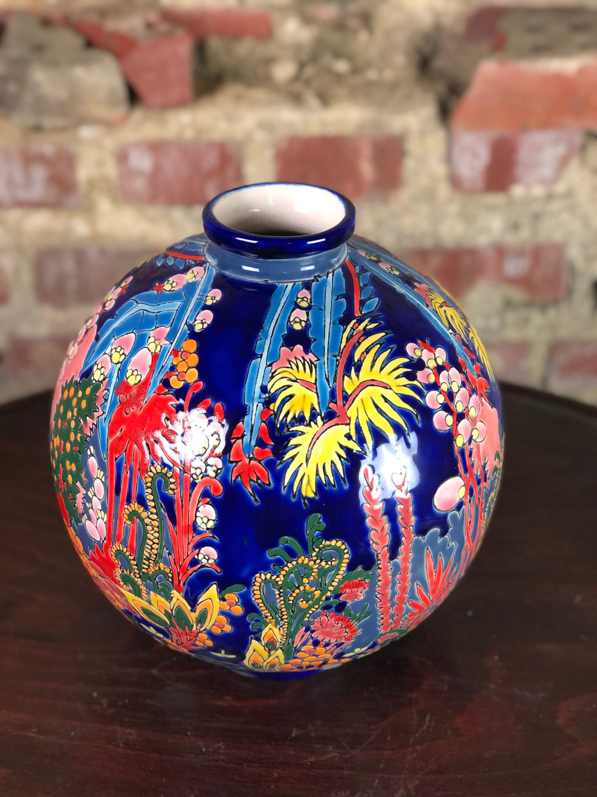 Art Deco style ball vase in glazed earthenware Jungle decoration Diameter 25 cm