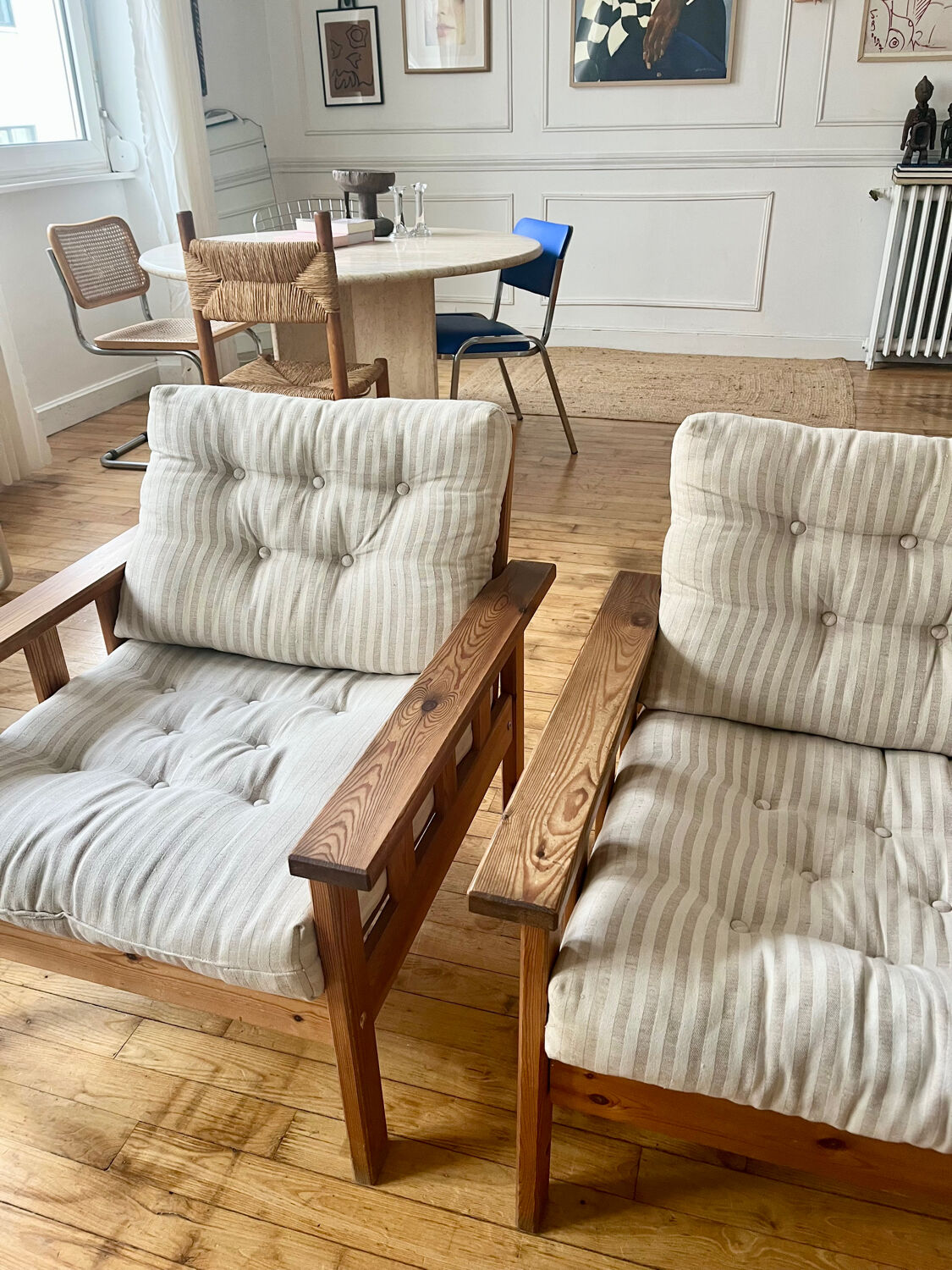 Pair of pine armchairs, 1980s, Sweden