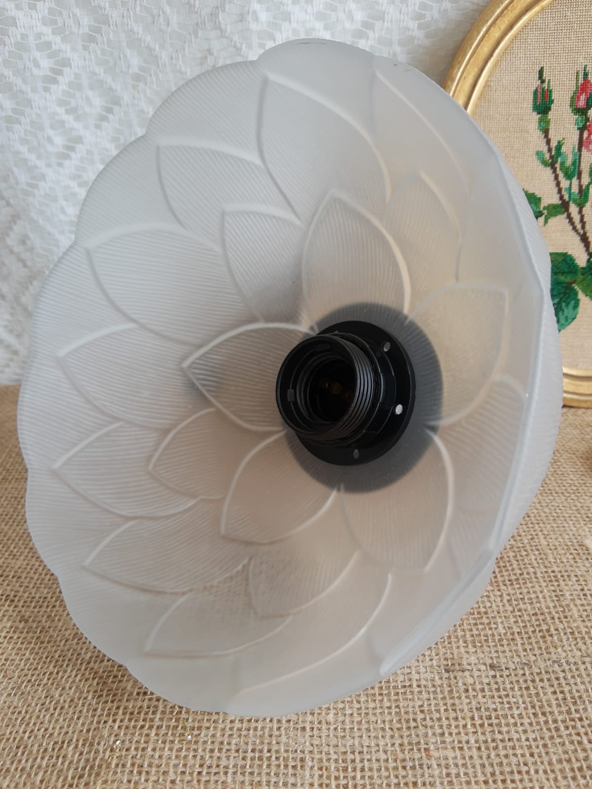 Pair of frosted glass flower pendant lights with vintage wood and brass