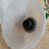 Pair of frosted glass flower pendant lights with vintage wood and brass