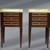 Pair of Mahogany Nightstands with White Carrara Marble in Louis XVI Style