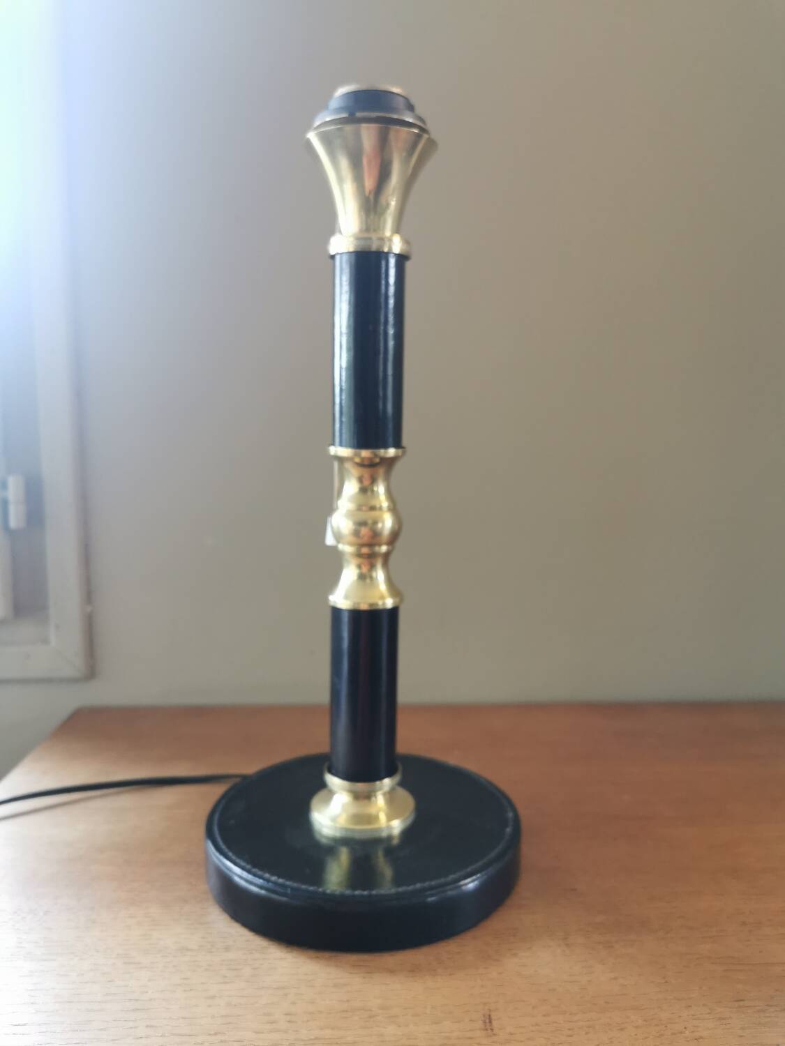 Vintage lamp base in black leather and brass