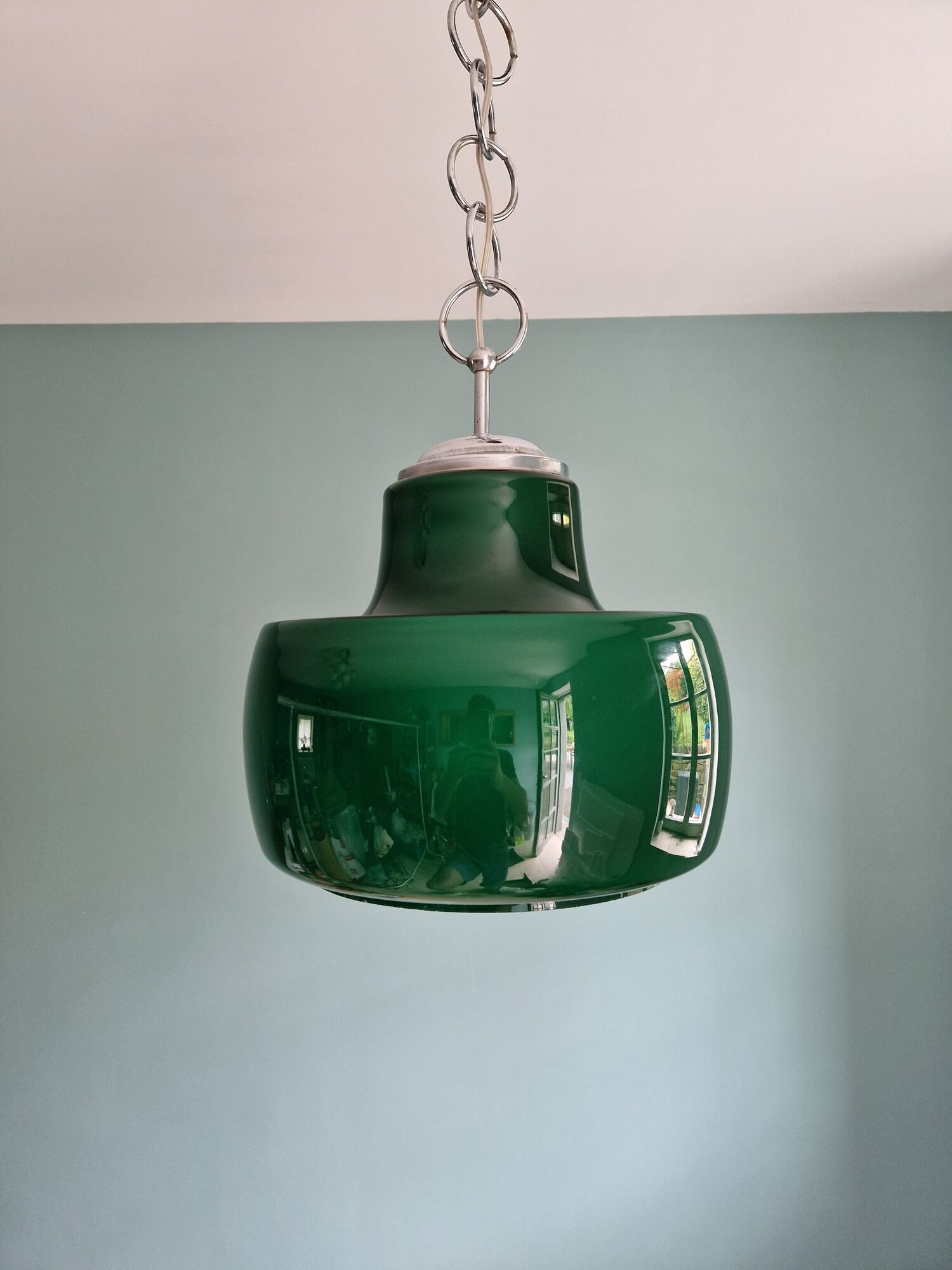 Large vintage pendant lamp in green opaline, 1970s