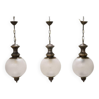 Brass and Glass Pendant Lamps, 1960s, Set of 3