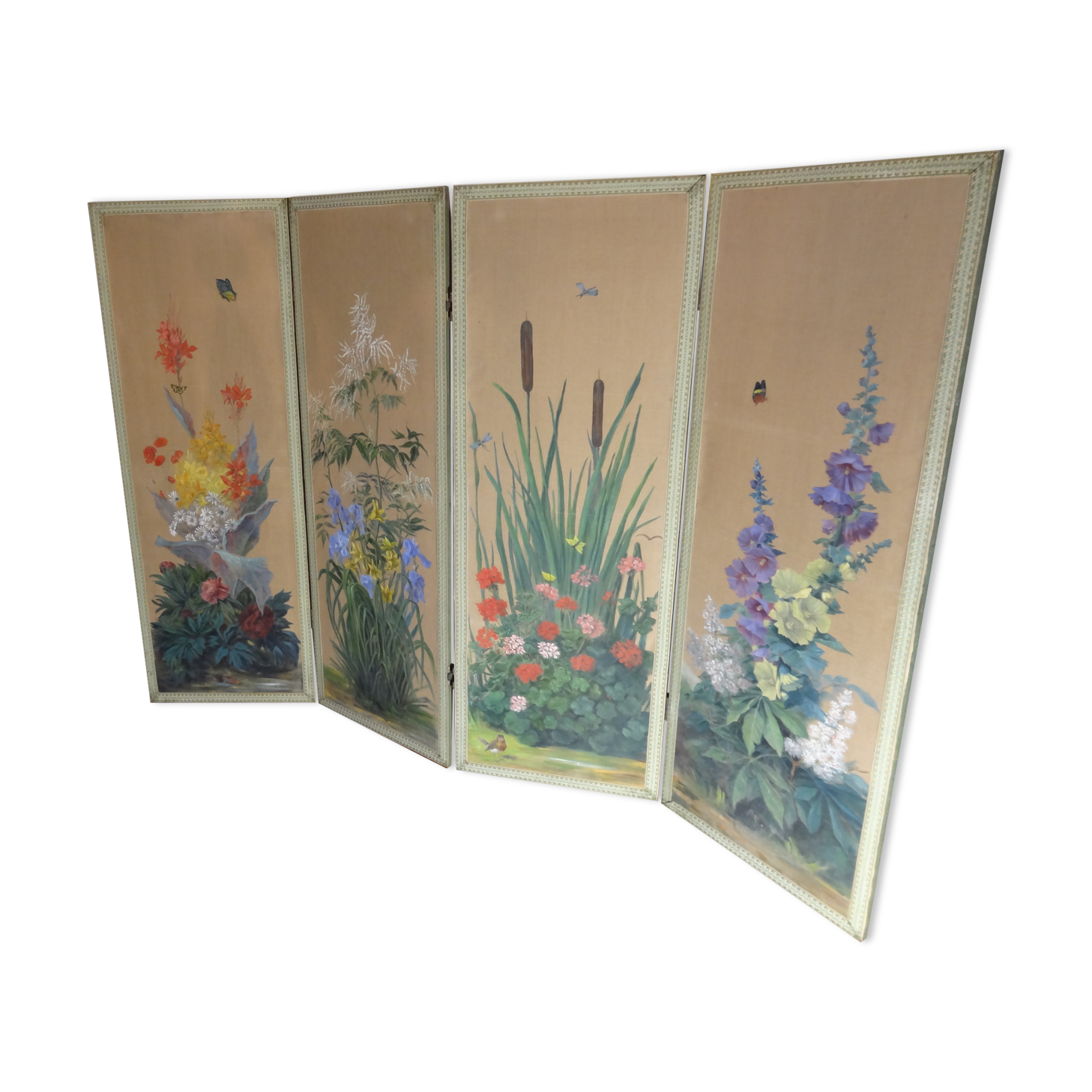 Four-leaf screen with floral decoration oil on canvas 2.40 x 1.69 m