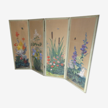 Paravent quatre feuilles au décor floral huile sur toile 2.40 x 1.69 m