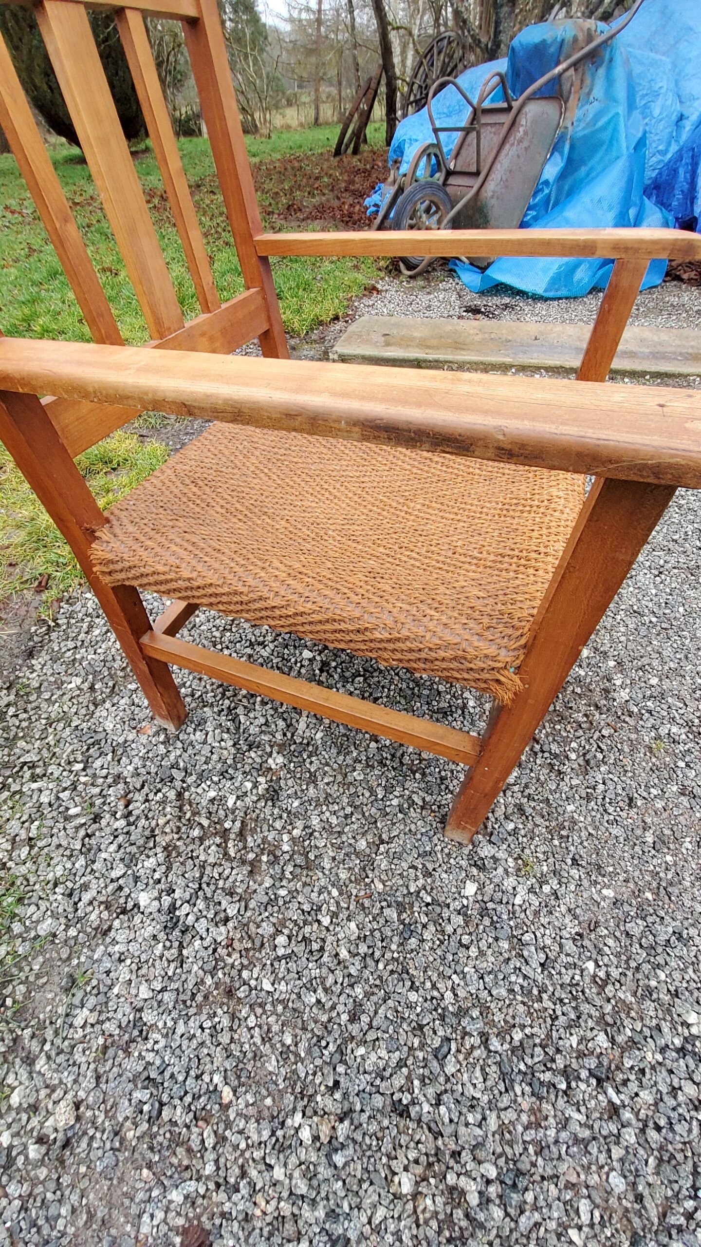 Scandinavian armchair of the 50s in cherry tree sitting in rope