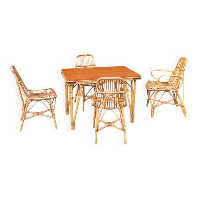1 Table 1 fauteuil 3 chaises en bambou et rotin attribués à Audoux et Minet