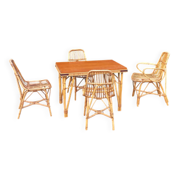 1 Table 1 fauteuil 3 chaises en bambou et rotin attribués à Audoux et Minet