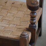 A pair of modern and sculptural vintage Danish armchairs in oak and papercord, 1940s.