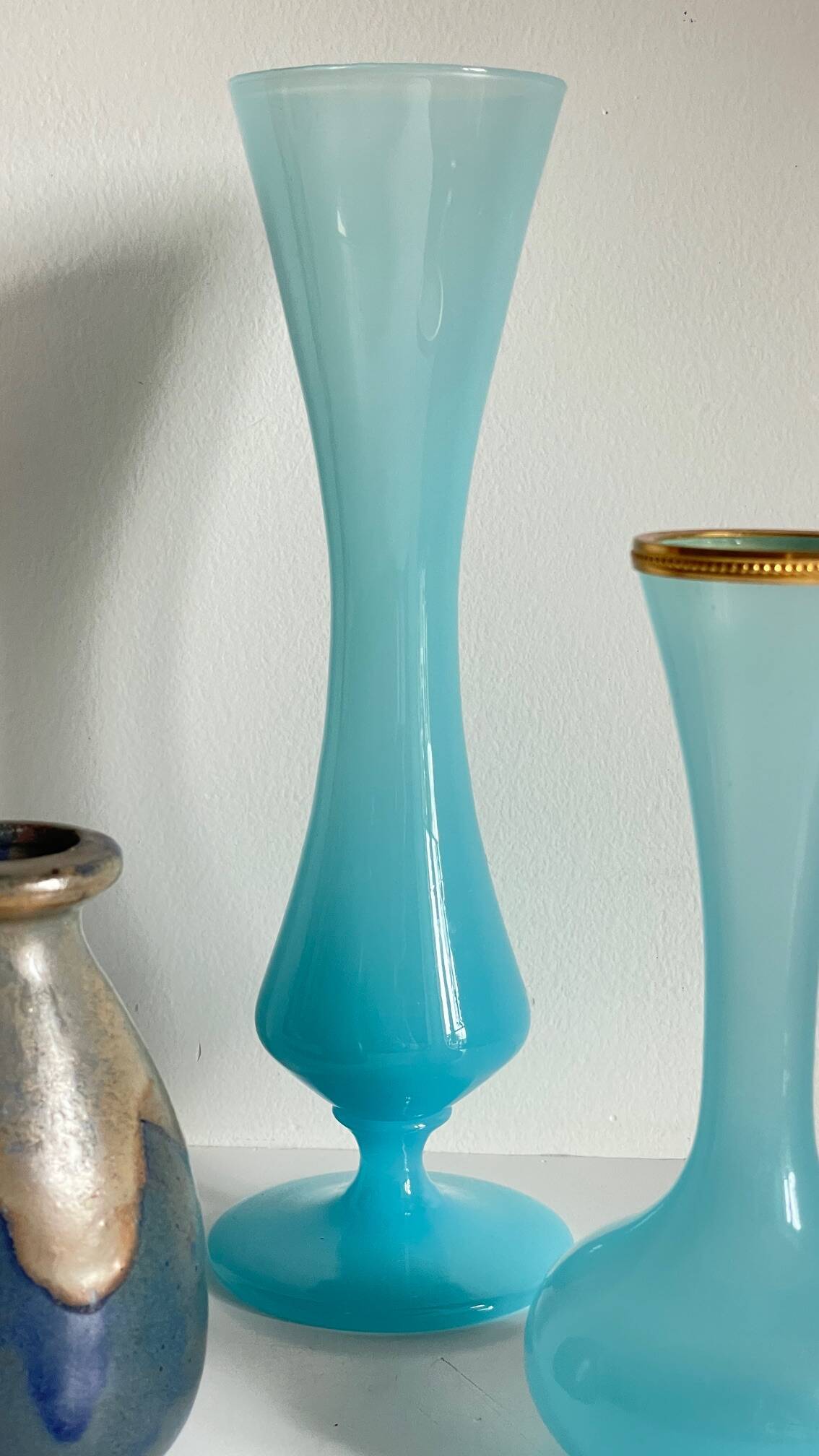 3 VASES Bleu Océan Grès et Verre OPALIN Vintage