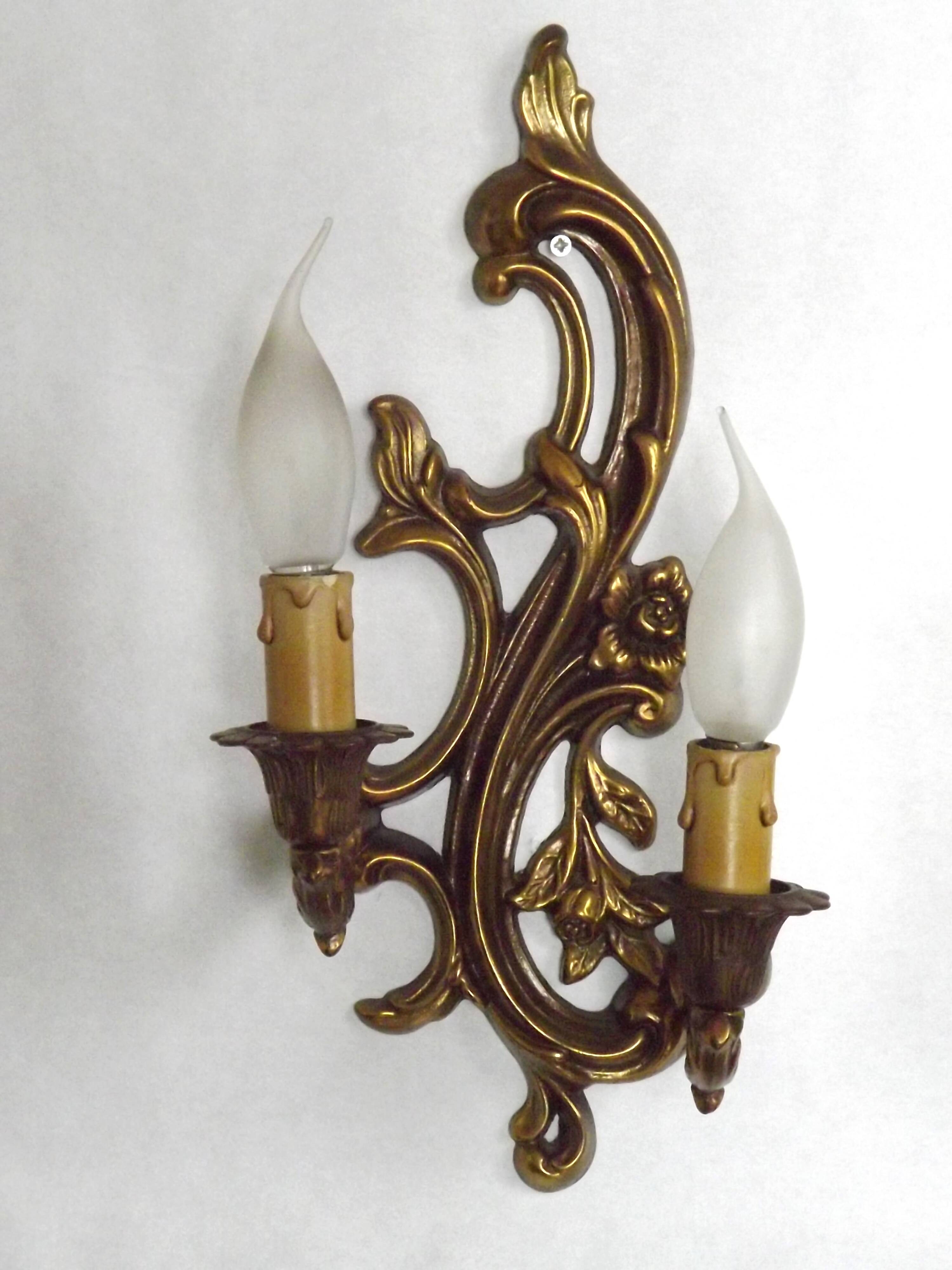 Pair Vintage French Bronze Double Wall Lights Acanthus Leaf & Flower Detail