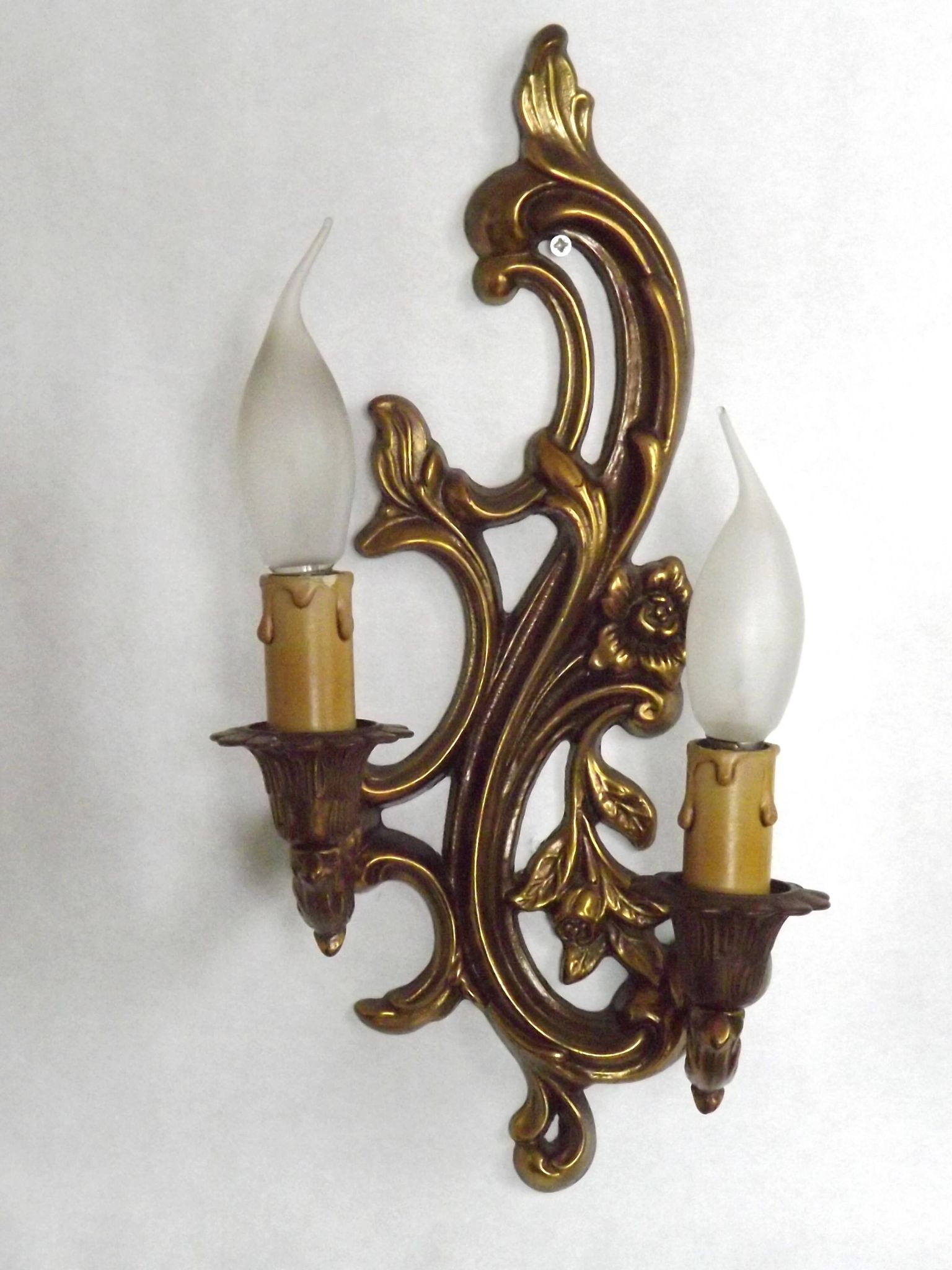 Pair Vintage French Bronze Double Wall Lights Acanthus Leaf & Flower Detail