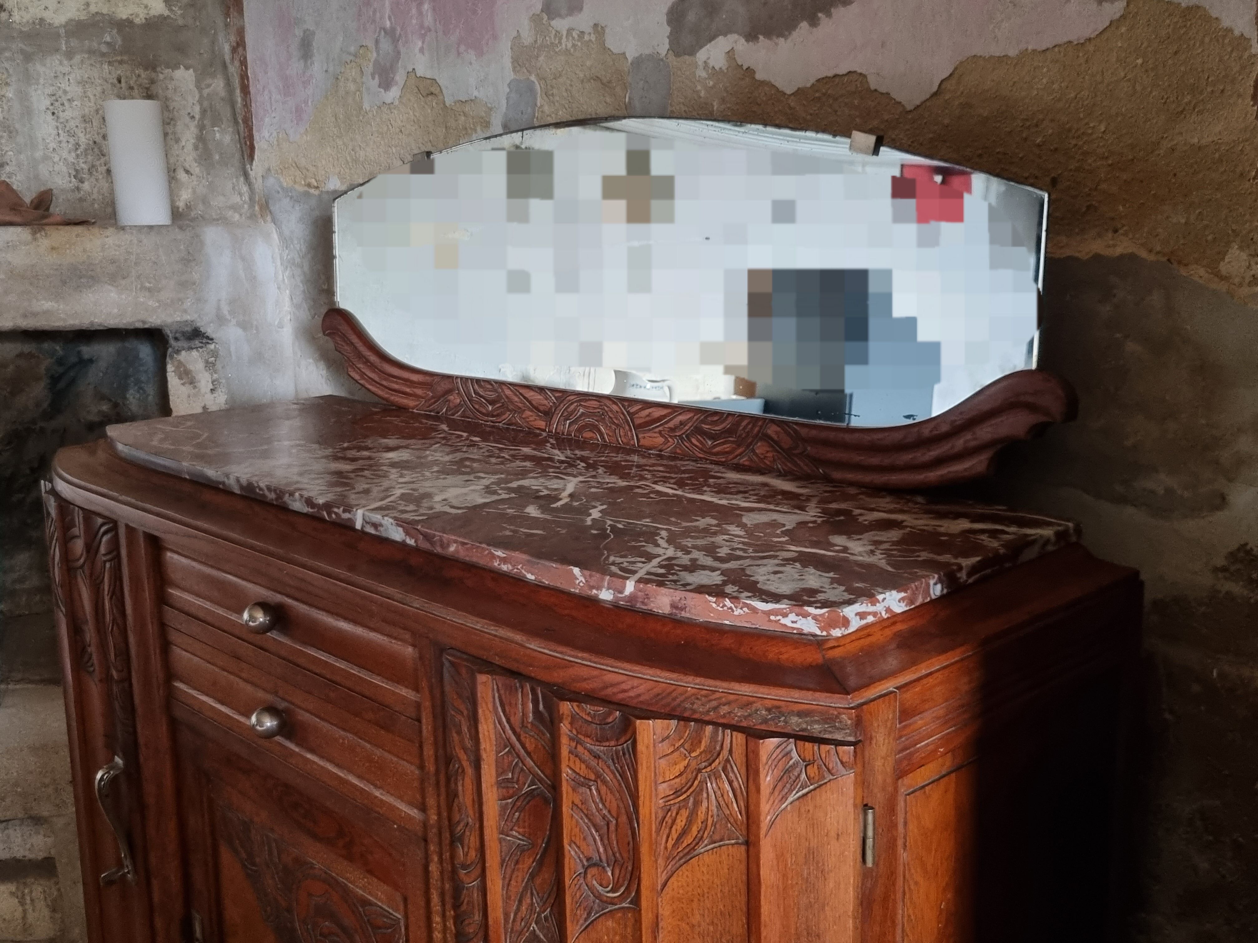 Old low art deco style sideboard, with marble and mirror