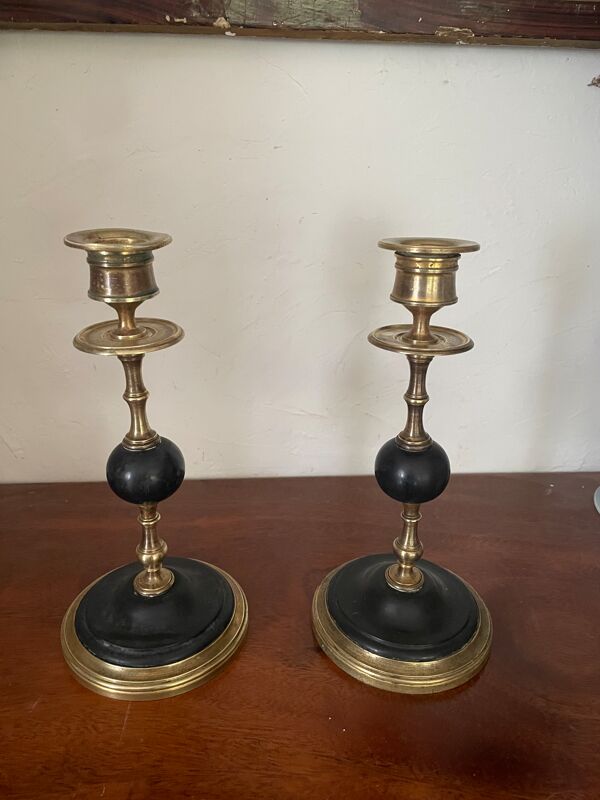 Ancienne paire de bougeoirs marbre noir et laiton XIXème