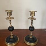 Old pair of candlesticks black marble and brass nineteenth