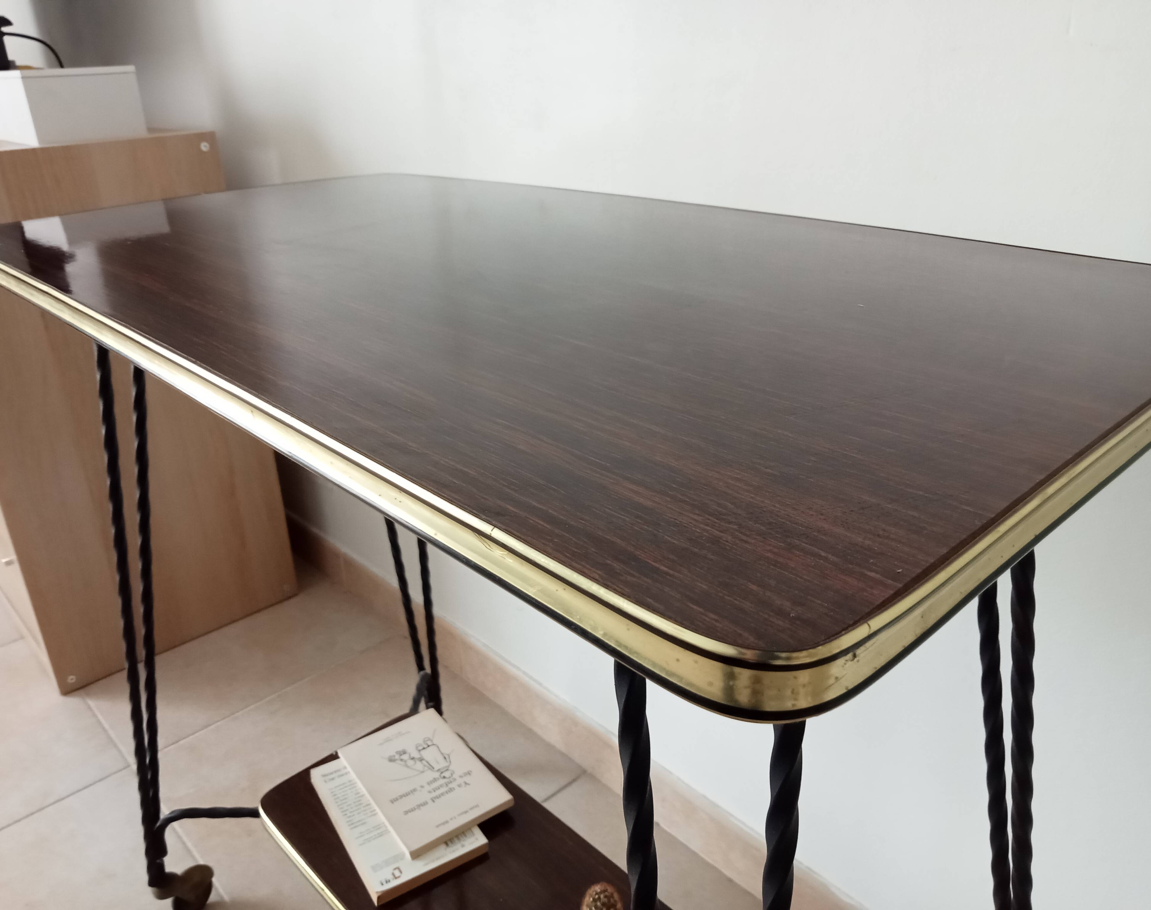 Vintage Formica and wrought iron rolling dessert trolley/side table.