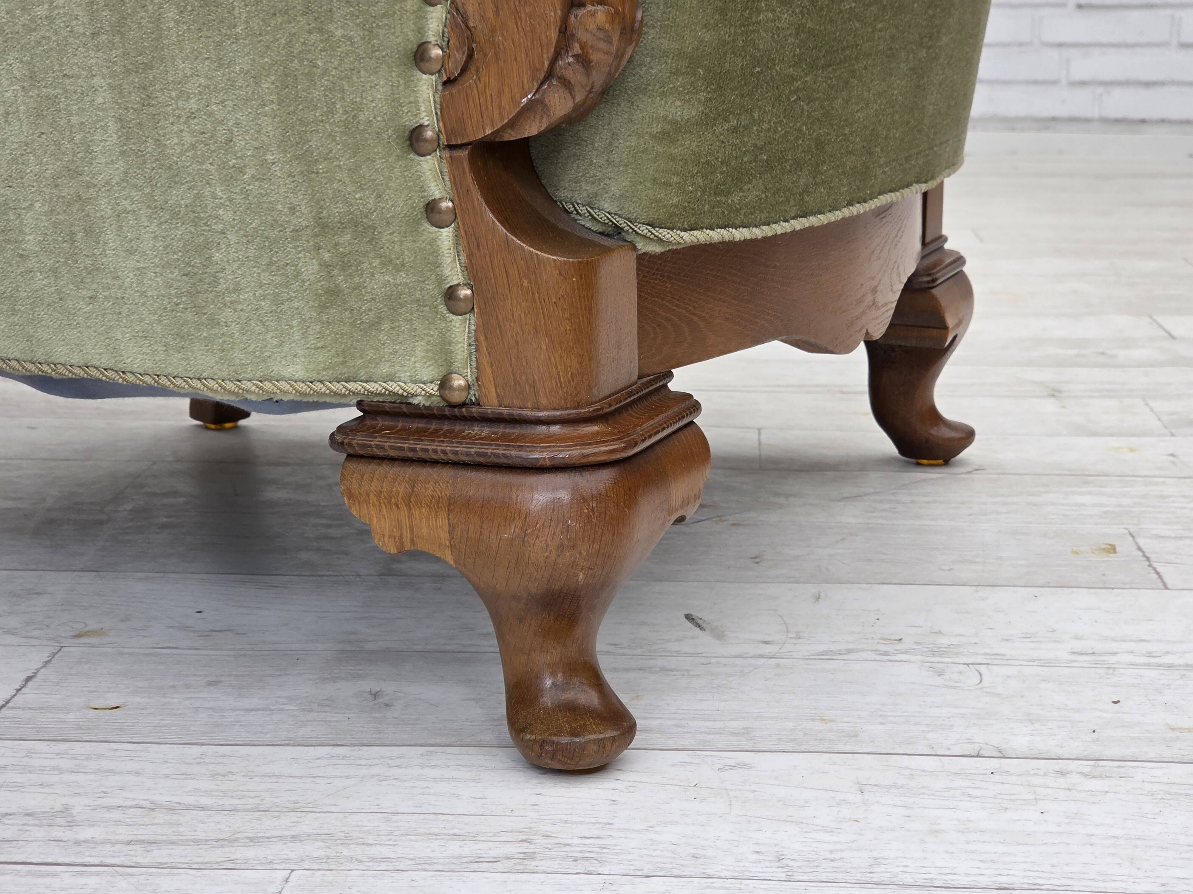 1960s, Danish armchair, green furniture velour, carved oak wood.