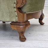 1960s, Danish armchair, green furniture velour, carved oak wood.