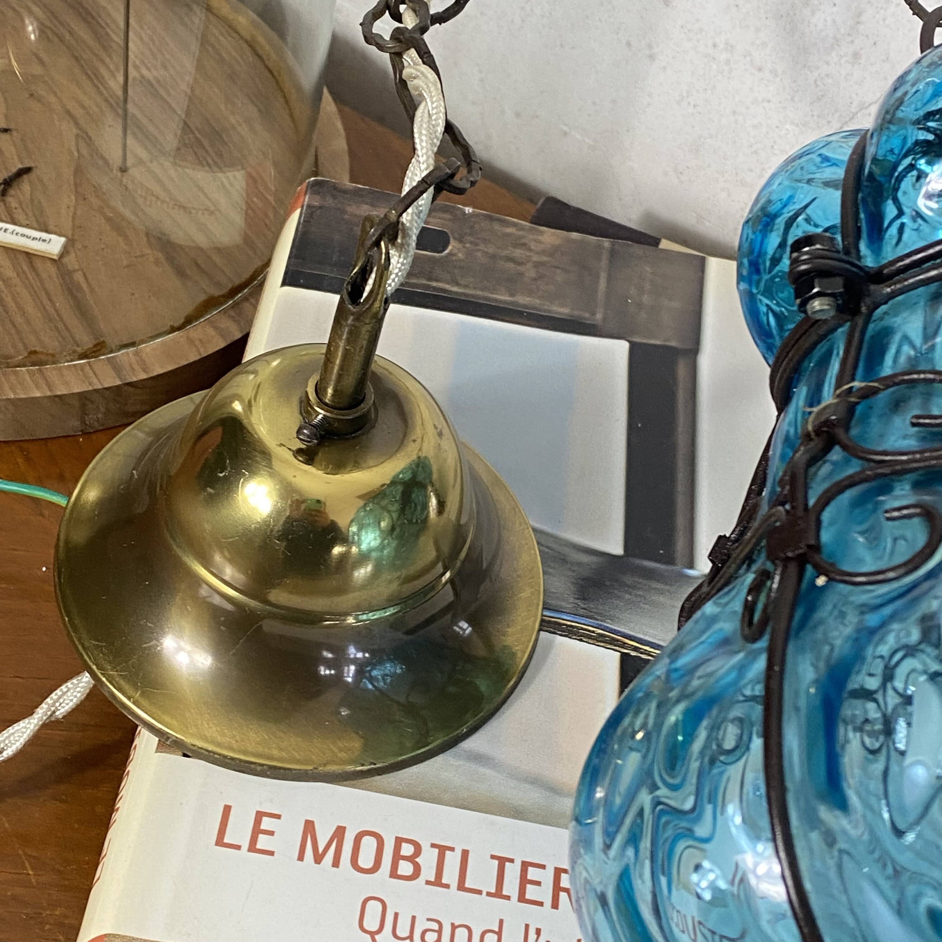 Old suspension glass cage blown Venetian lantern blue