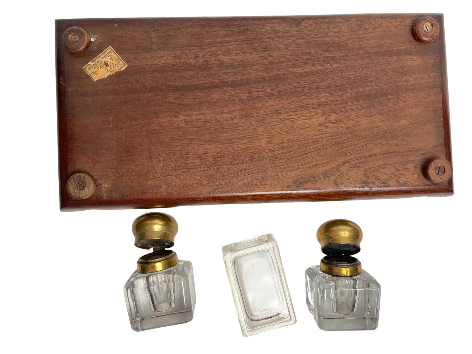 Desk inkwell in molded wood, brass and crystal, late 19th century