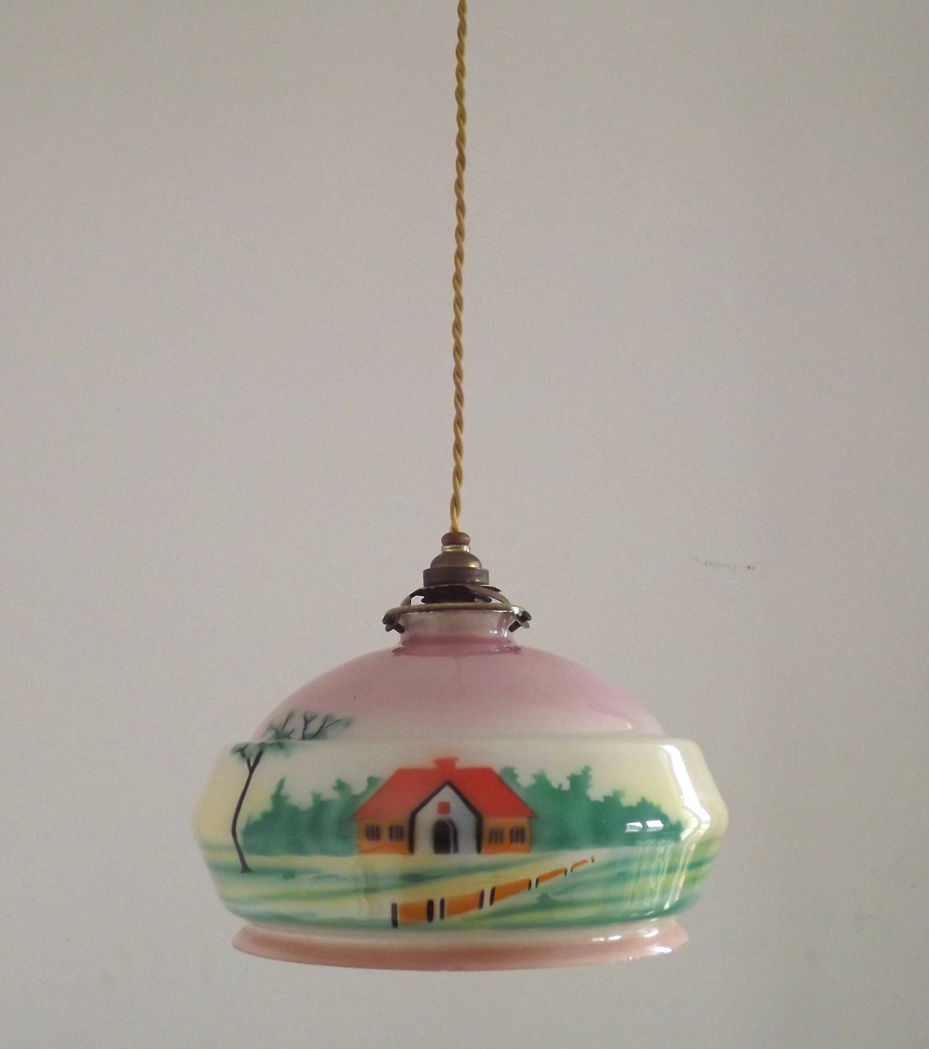 French Art Deco Pink & Cream Pendant Light with House and Tree Design
