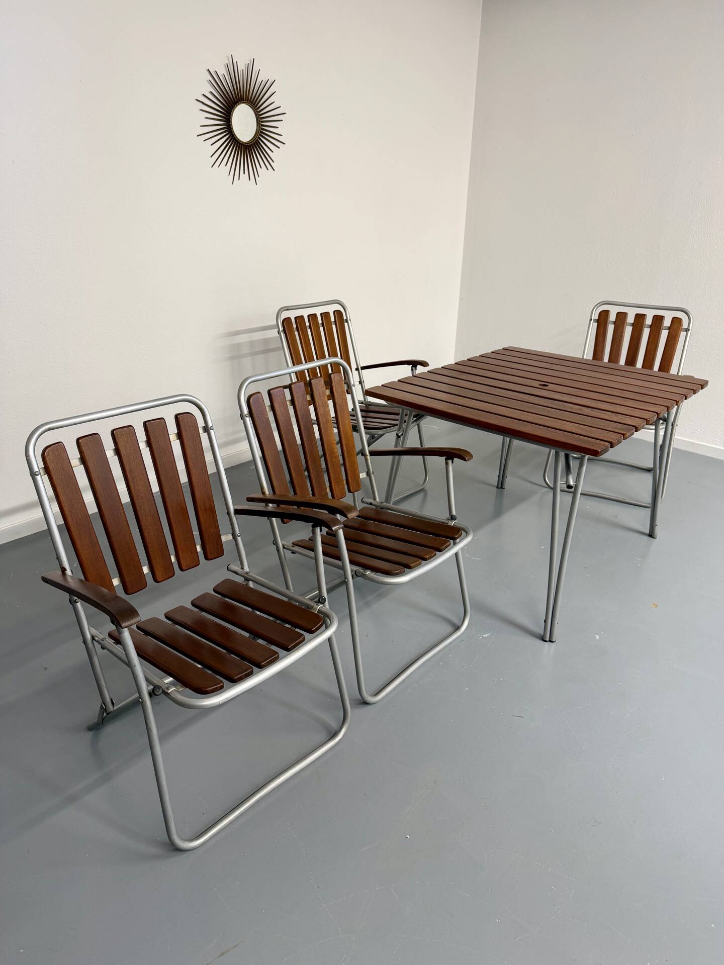 Vintage folding garden set table 4 chairs wood and metal 1960
