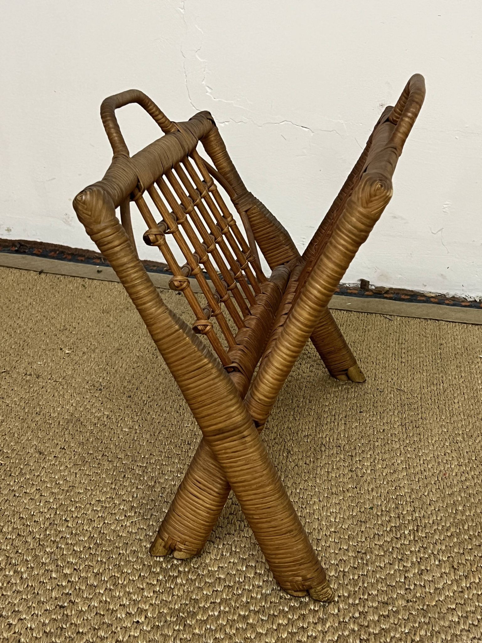 Vintage folding rattan magazine rack