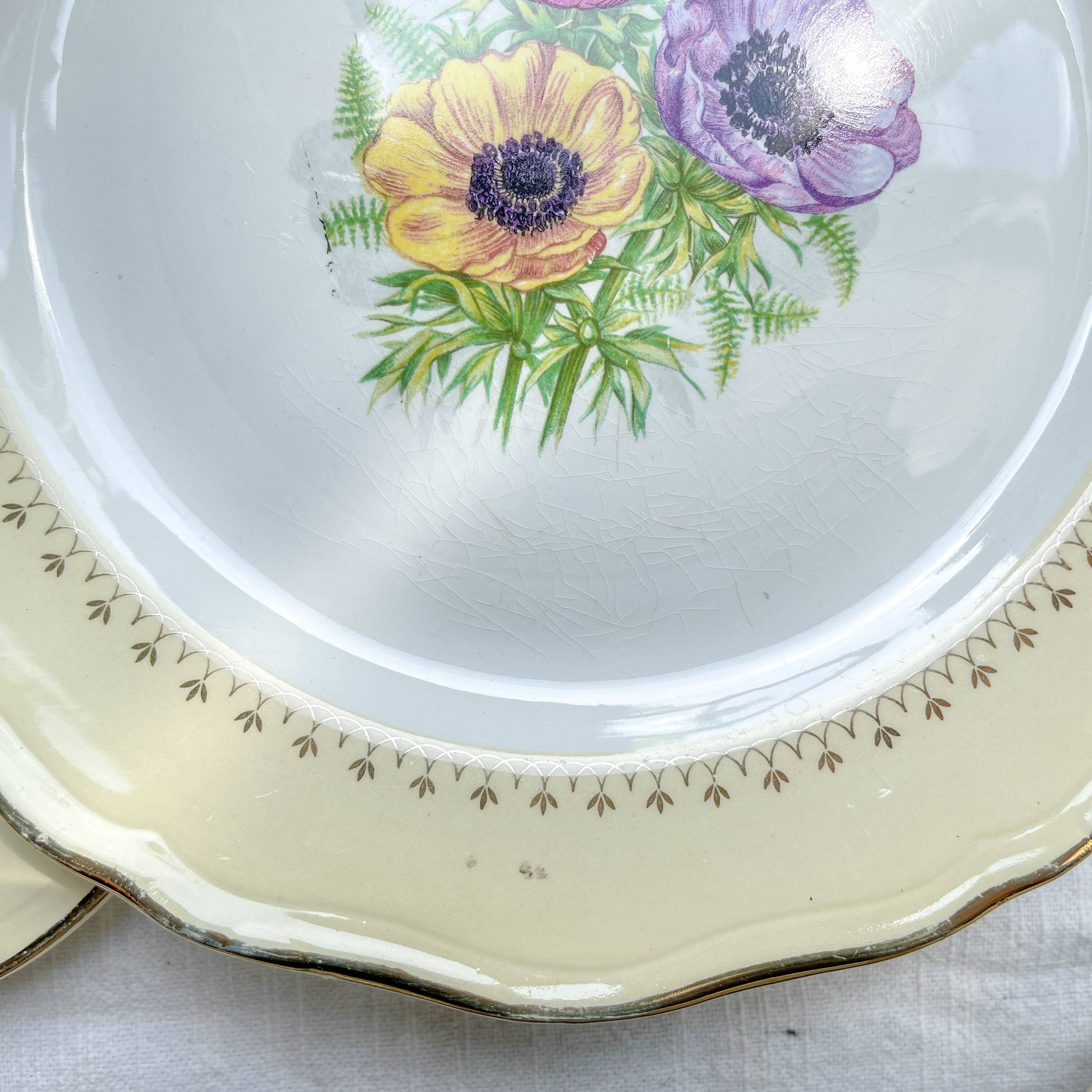 6 vintage porcelain dinner plates with white and golden yellow floral pattern L'Amandinoise "Coopélia" - Vintage floral tableware