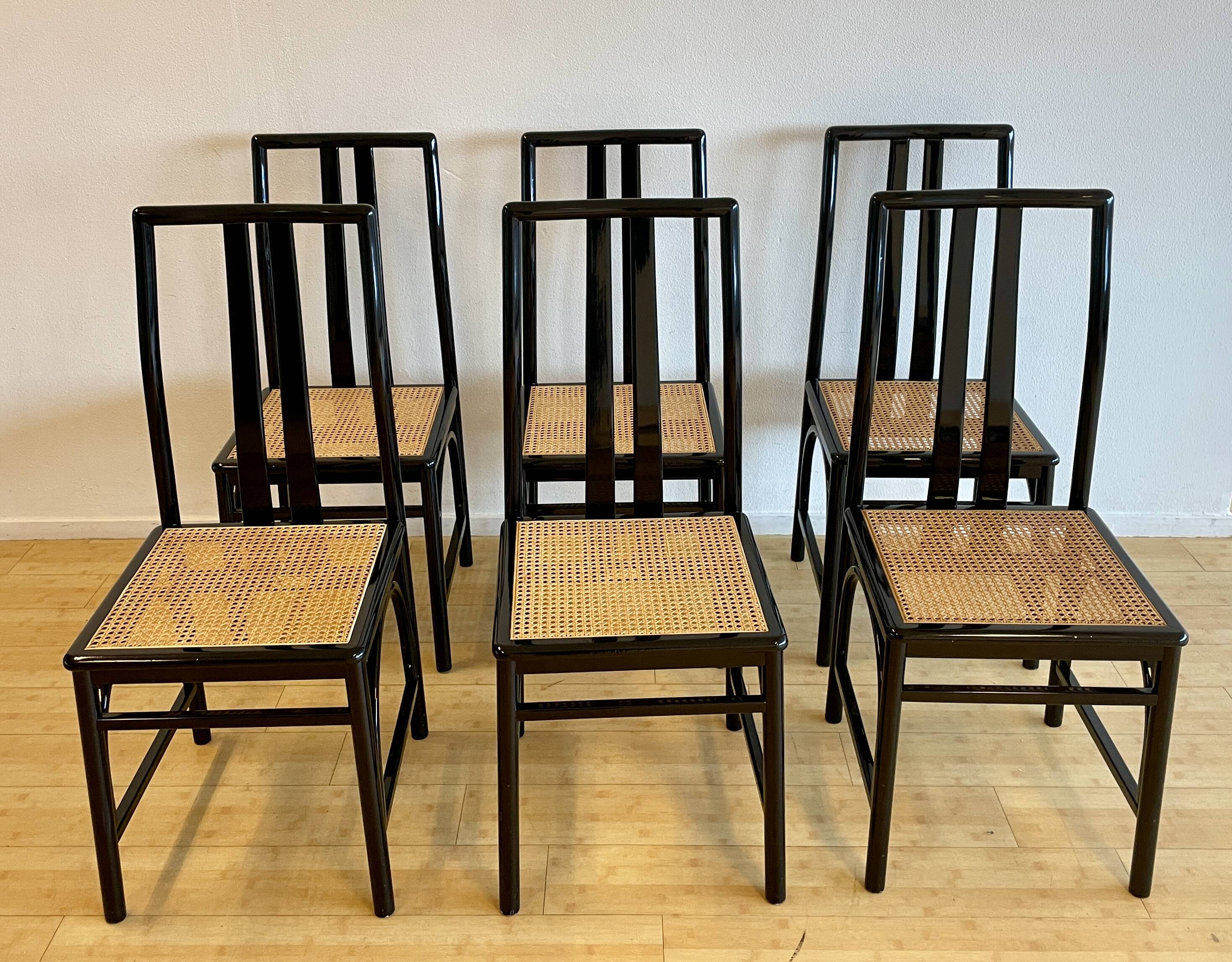 Set of 6 black lacquered and cane chairs by Montina s.p.a.