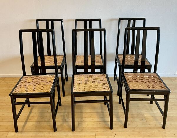 Ensemble de 6 chaises laquées noires et en cannage par Montina s.p.a.