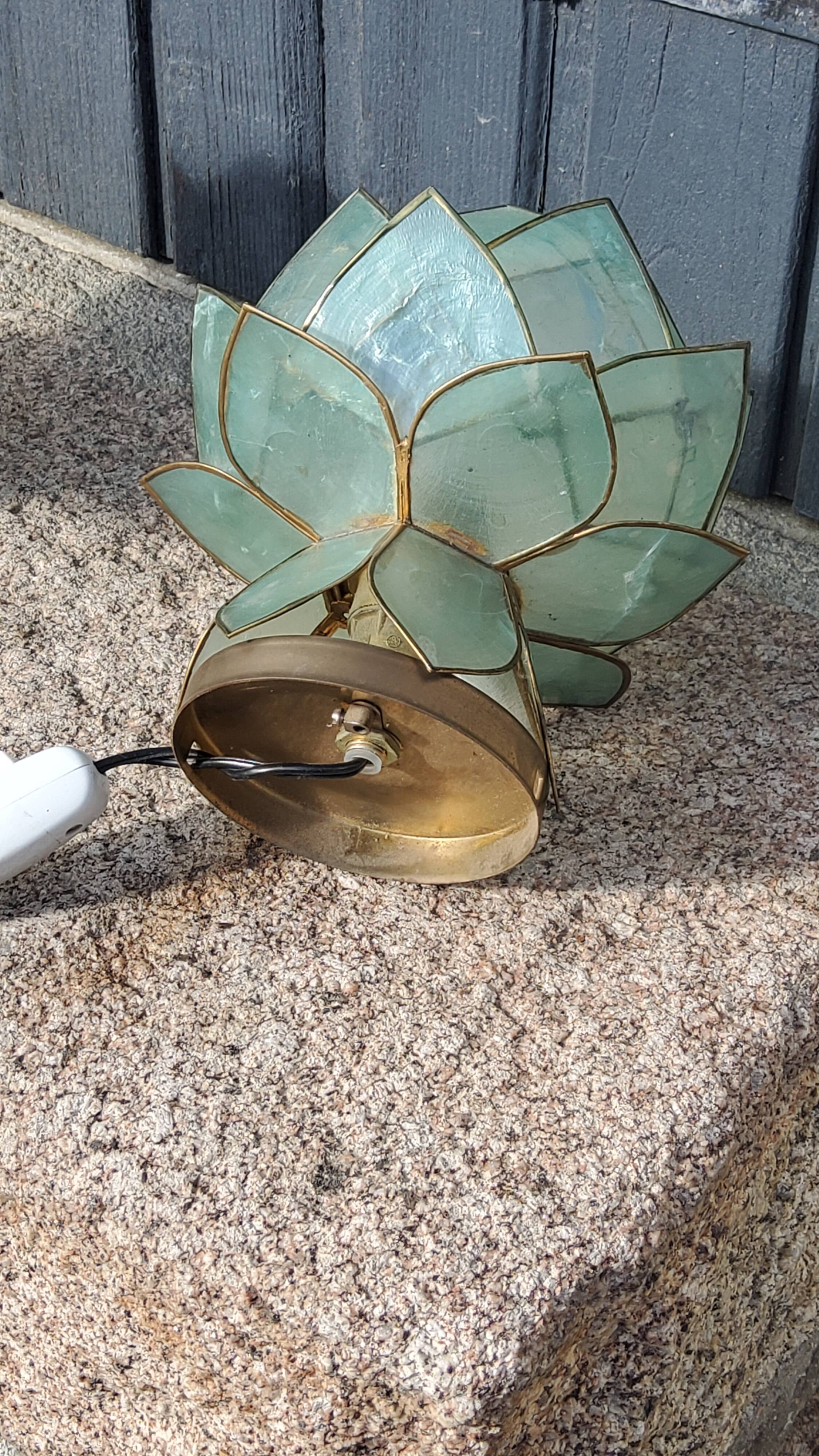 Pair of designer table lamps in turquoise blue green capiz mother-of-pearl from the 70s