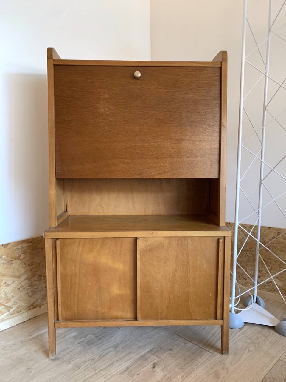 1950s oak secretary with sliding doors